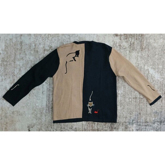 Cat Lover Knit Cardigan & Scarf Set Applique Embroidery | Black Tan | Size M... - Picture 10 of 16